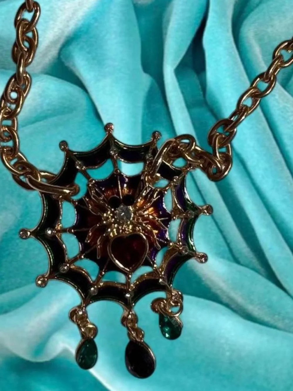 Gold Spiderweb Pendant Necklace with Red Heart Gem - Women Jewelry